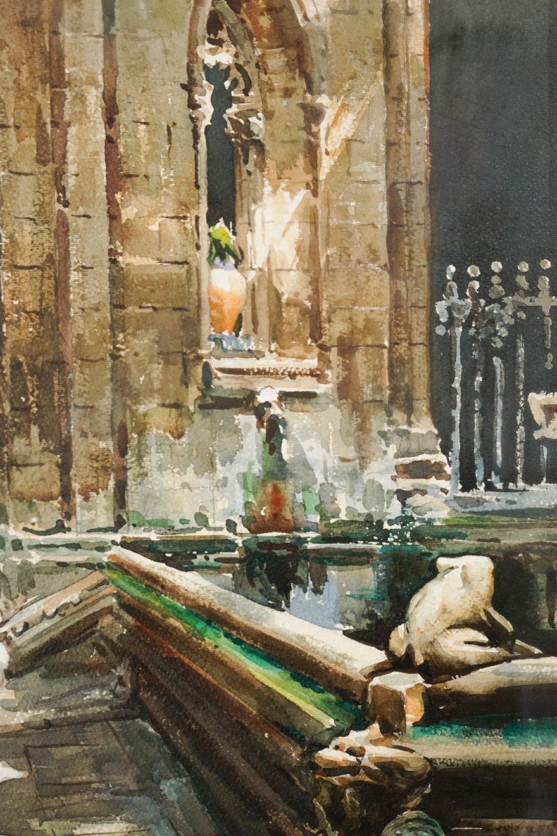 Oies Et Grenouille De Pierre Près d'Un étang De Cathédrale - Grande Aquarelle - F. Clavero-photo-2