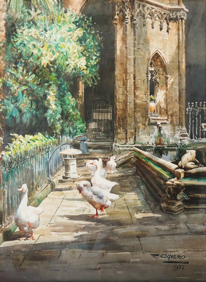 Oies Et Grenouille De Pierre Près d'Un étang De Cathédrale - Grande Aquarelle - F. Clavero