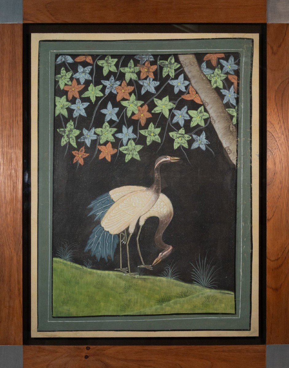 Persian Gouache Representing Two Herons - 19th Or 20th Century-photo-2