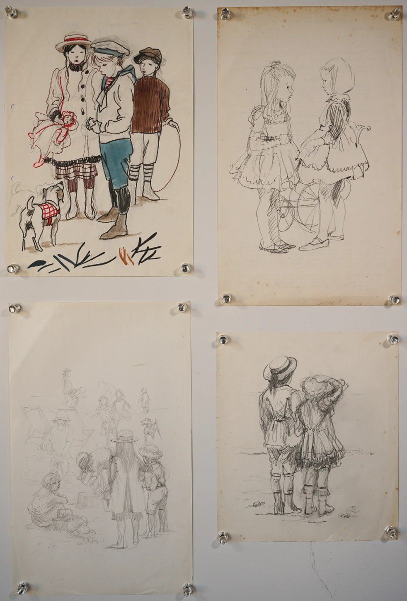 Four High Quality Drawings - Victorian Children At Play