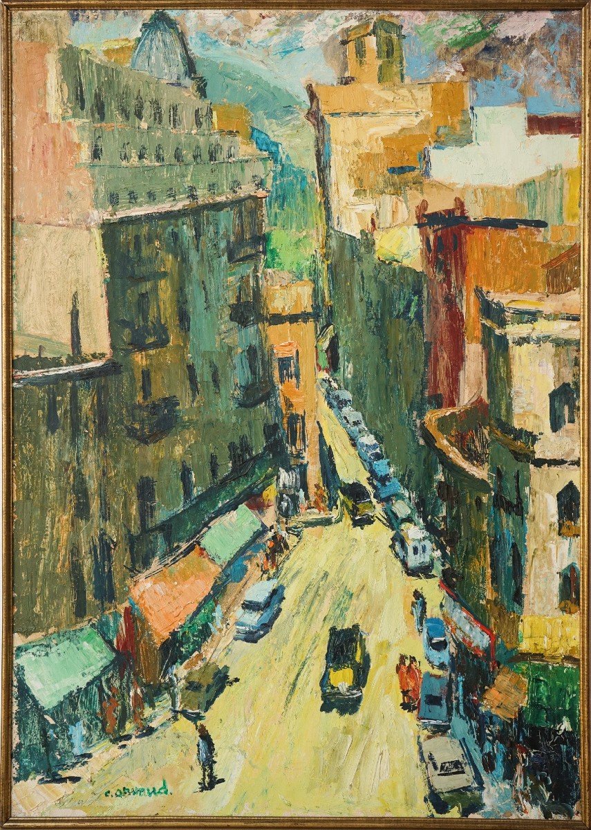 Vibrant Modernist Expressionist - Street Scene With Mid-century Cars-photo-2