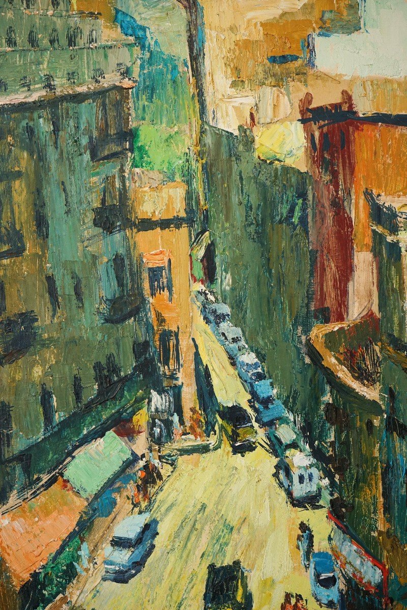 Vibrant Modernist Expressionist - Street Scene With Mid-century Cars-photo-3