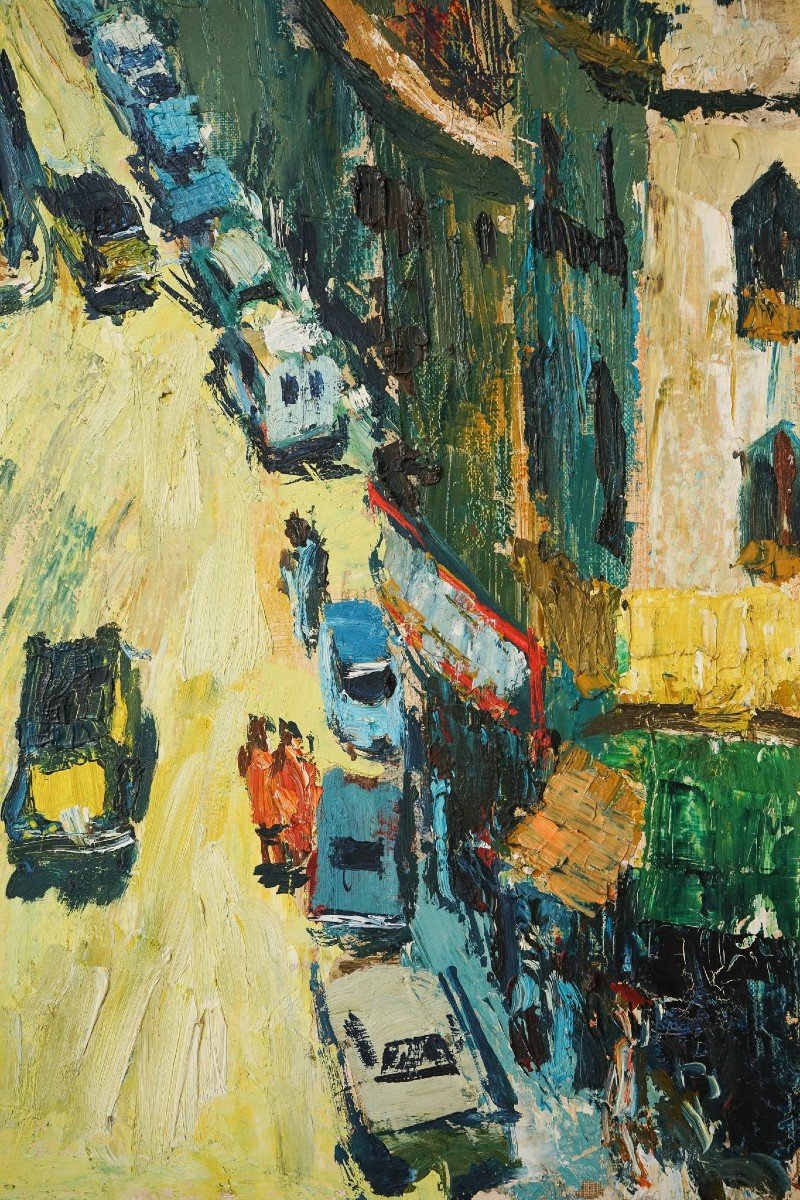 Vibrant Modernist Expressionist - Street Scene With Mid-century Cars-photo-3