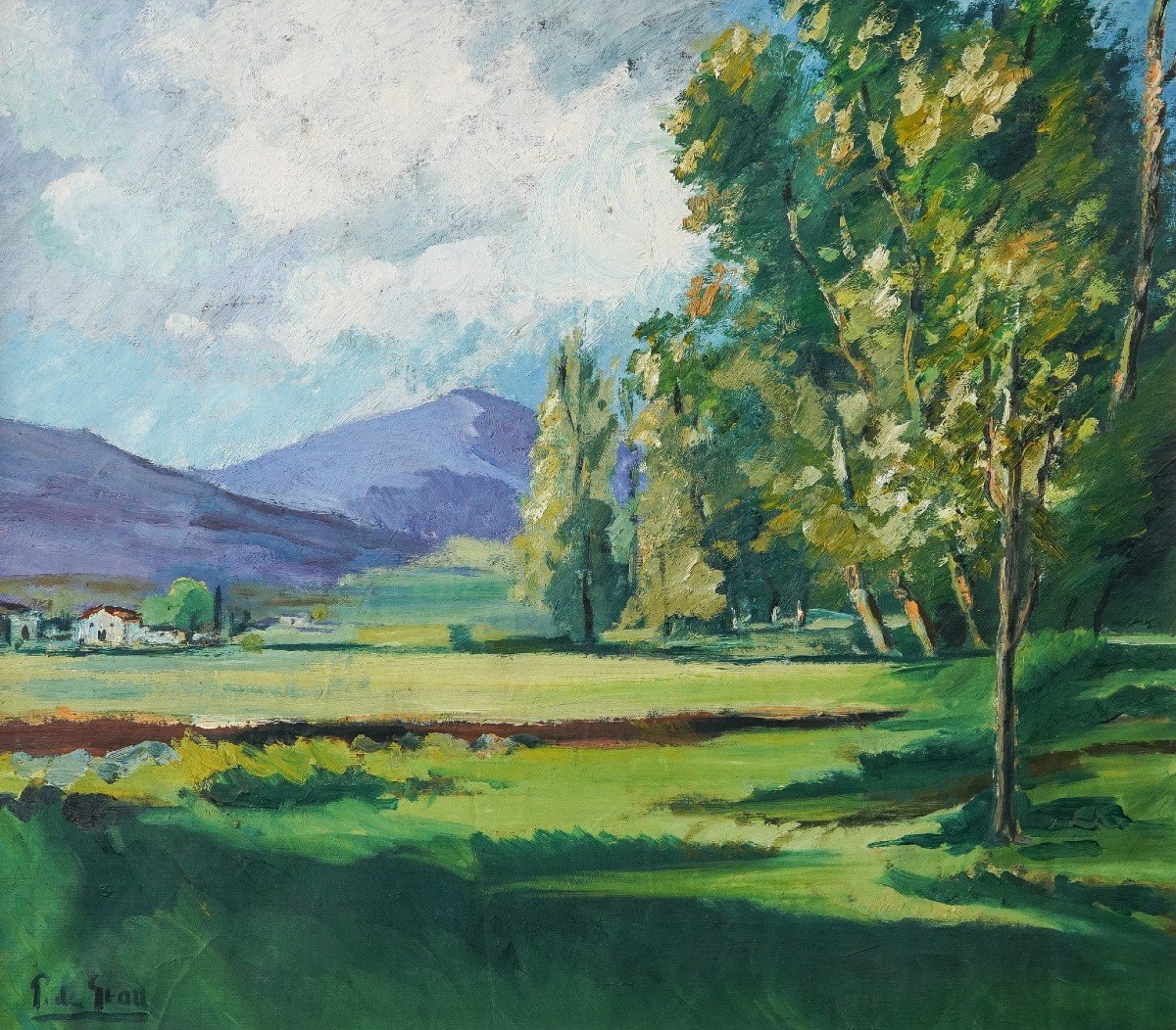 Cadre signé paysage d'été - Huile sur toile