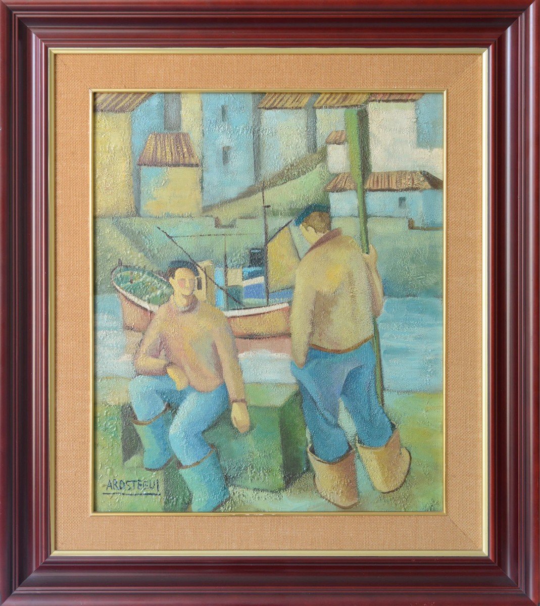 Two Fishermen - Cubist Influenced Oil - Jose Ramon Arostegui-photo-2