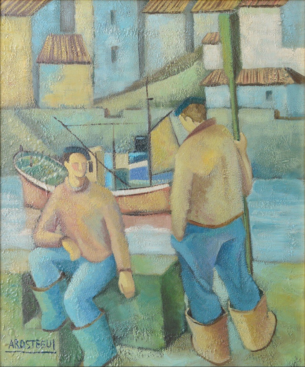 Two Fishermen - Cubist Influenced Oil - Jose Ramon Arostegui