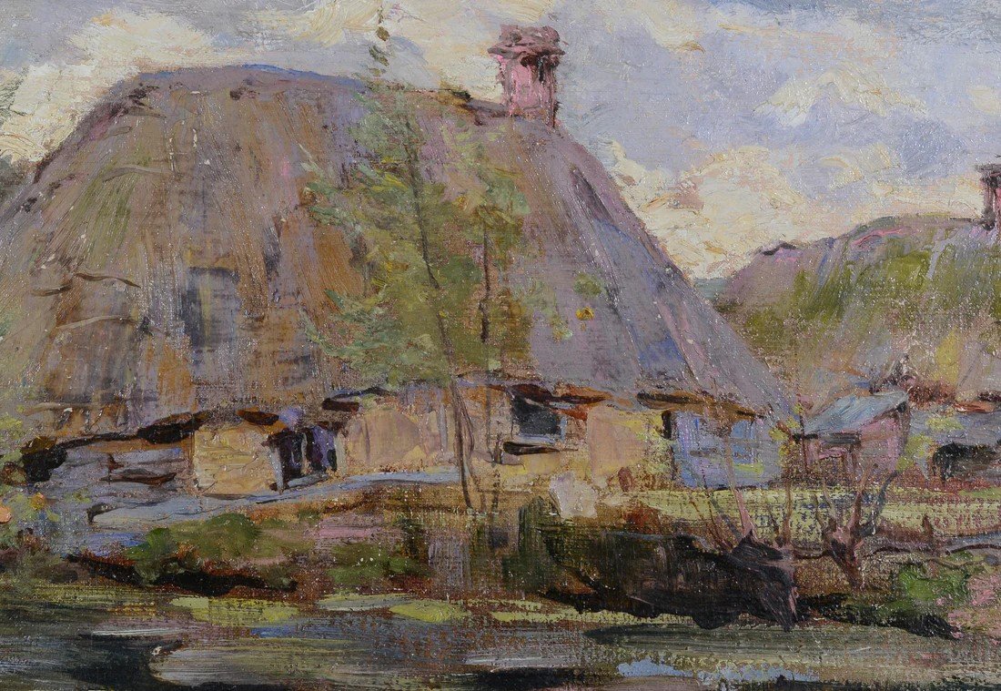 Impressionist Oil Of Thatched Cottage By Stream-photo-2