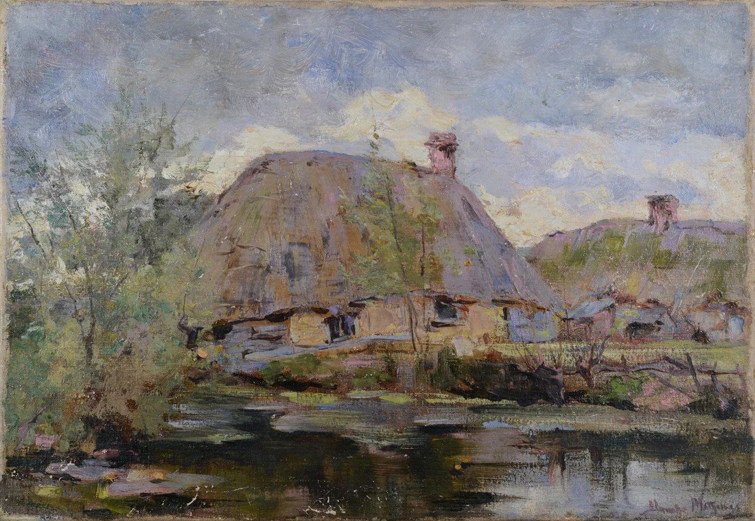 Impressionist Oil Of Thatched Cottage By Stream