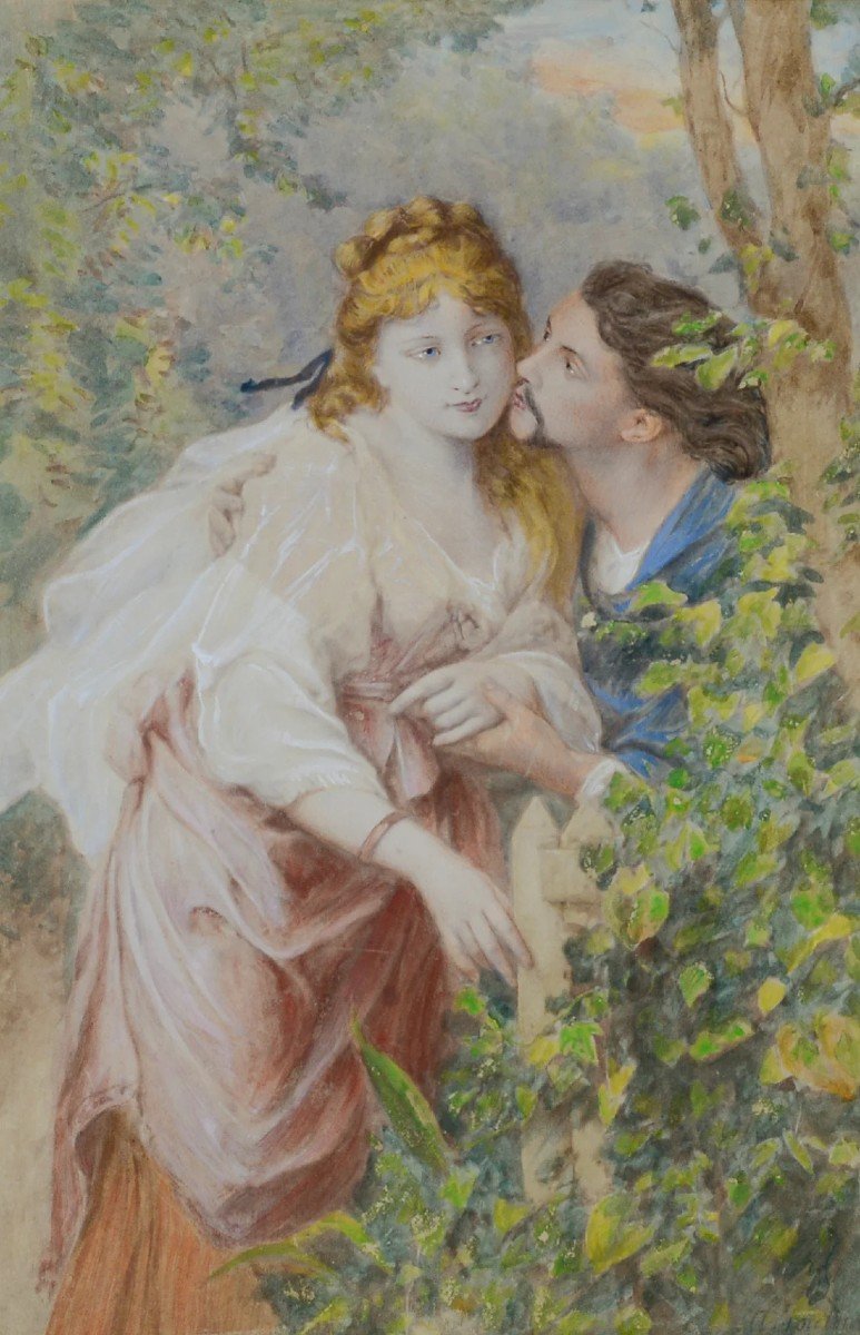 Aquarelle Romantique Victorienne Signée