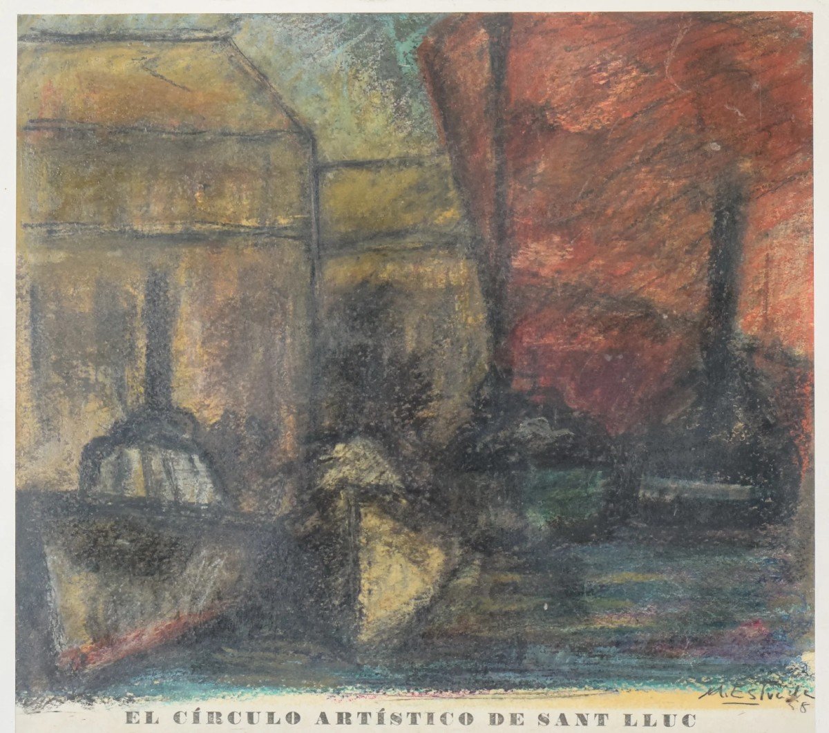 'el Círculo Artístico De Sant Lluc' - Expressive Harbour Scene - Lithograph