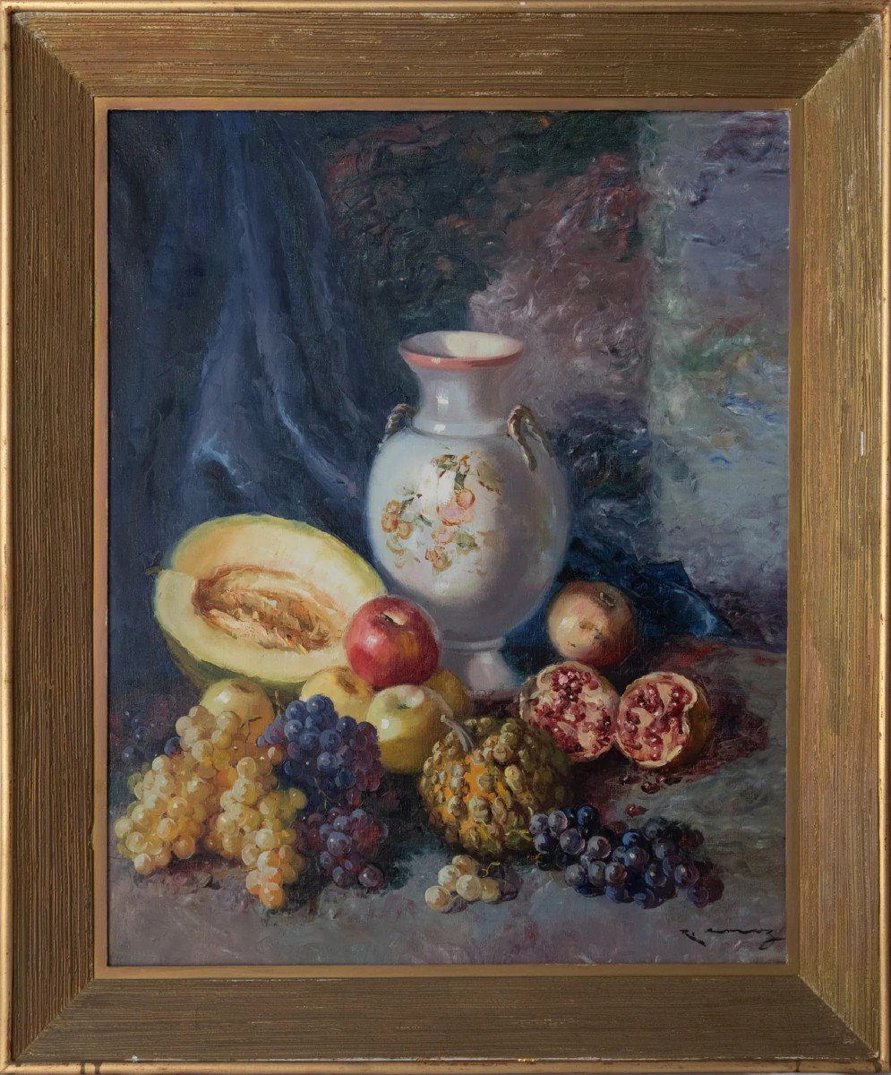 Fruits Exotiques Méditerranéens Et Vase - Huile Sur Toile Encadrée Signée-photo-2