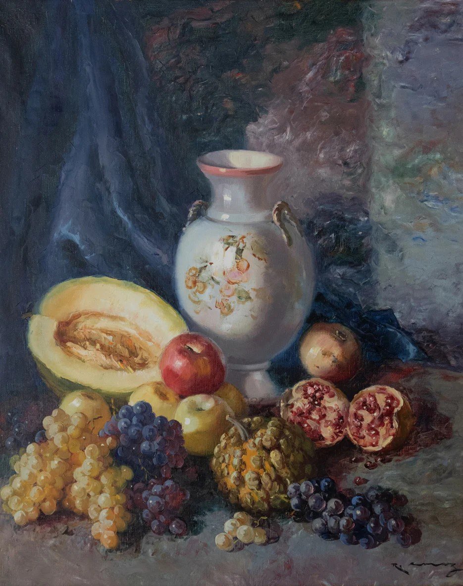 Fruits Exotiques Méditerranéens Et Vase - Huile Sur Toile Encadrée Signée