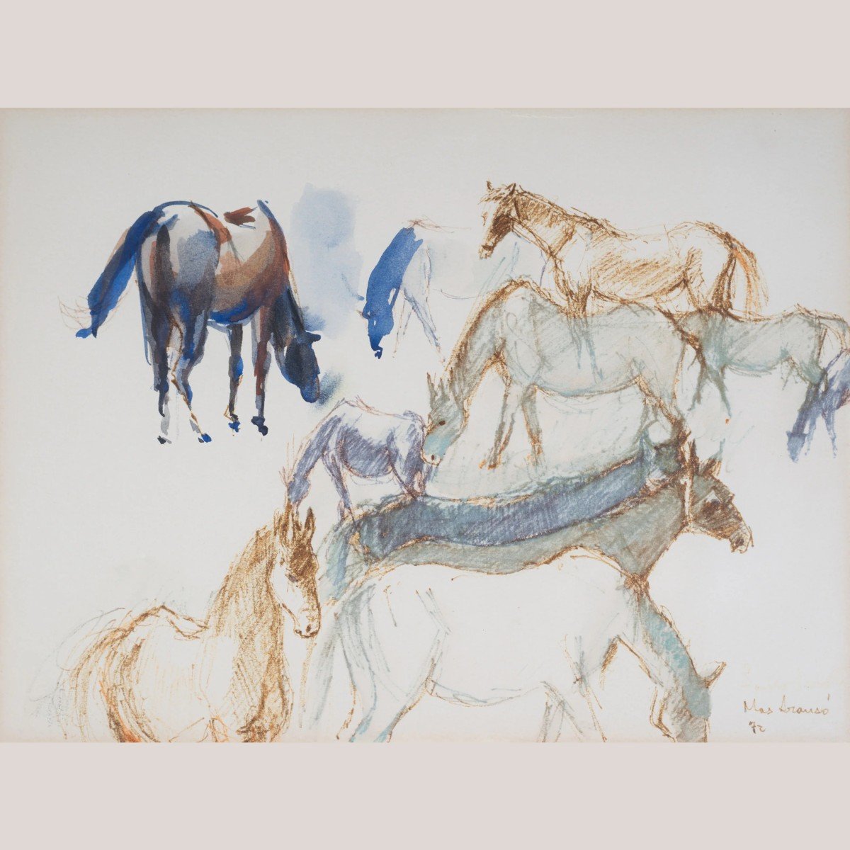 Framed Pen And Ink Watercolour Wash Signed Study Of Horses