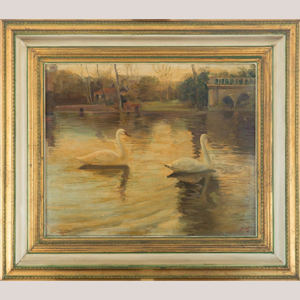 Swans On A Lake - Andrés Justh - Framed Oil On Canvas-photo-2