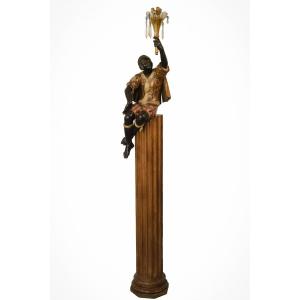 Mid Century - Blackamoor Polychrome Candelabra On A Column