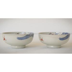 Pair - Oriental Bowls With Cranes