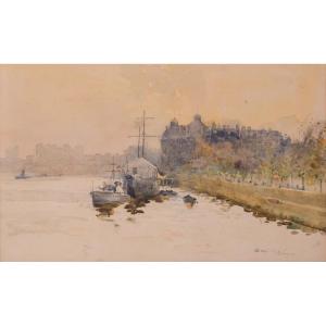 Aquarelle Impressionniste - 'off Temple Pier', Londres