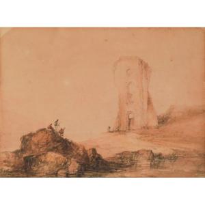 19th Century Watercolour - Figures And Tower