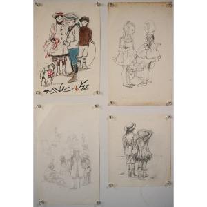 Four High Quality Drawings - Victorian Children At Play