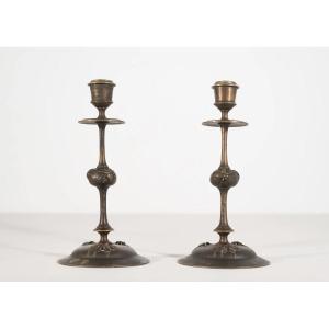 Follower Of Tiffany & Co.: Art Nouveau Bronze Candlesticks With Insects