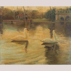 Cygnes Sur Un Lac - Andrés Justh - Huile Sur Toile Encadrée