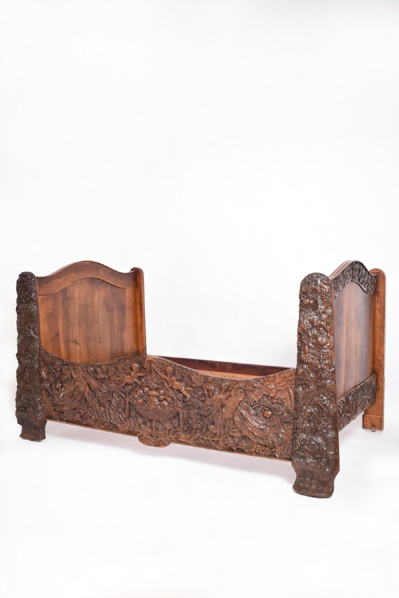 Carved Walnut Bed, Late 19th Century.