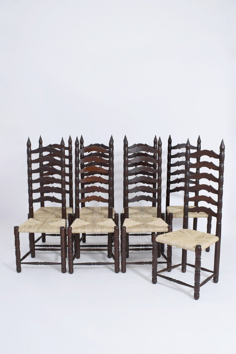 Ensemble De 8 Chaises Espagnoles à Dossier Haut, Années 1950.