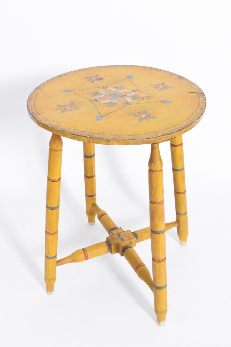 Table d'Appoint Ronde, Gueridon Art Populaire Peint Alentejo, Années 1950.-photo-2