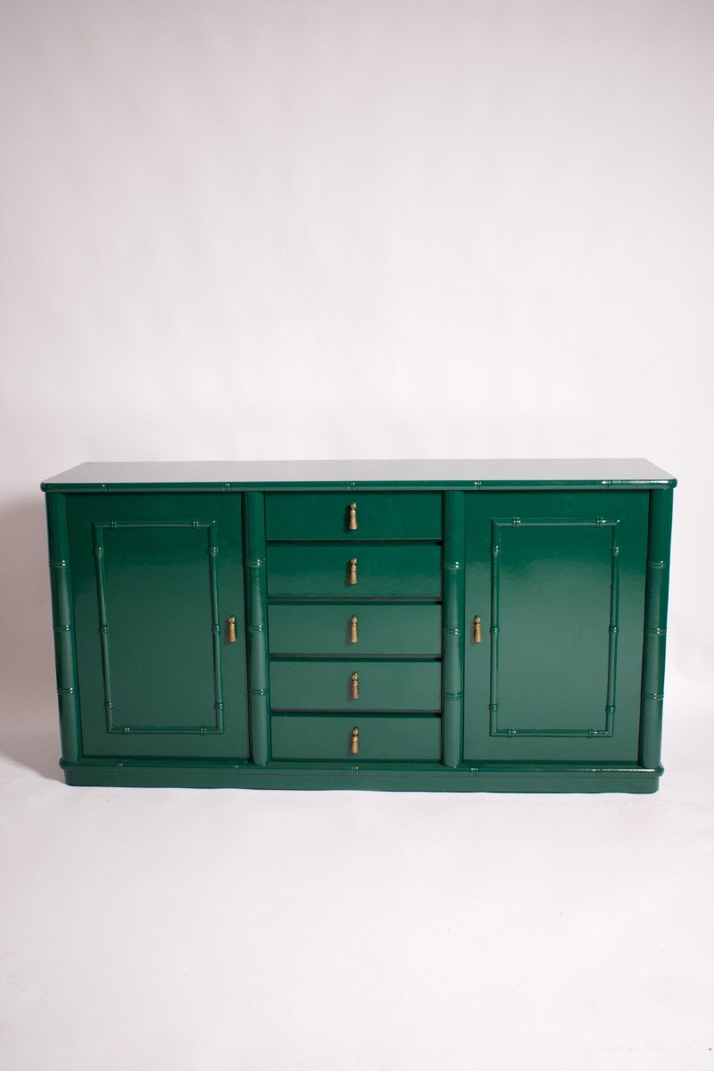 Buffet Enfilade Laqué Vert à l'Imitation Du Bambou, Années 1970.-photo-2