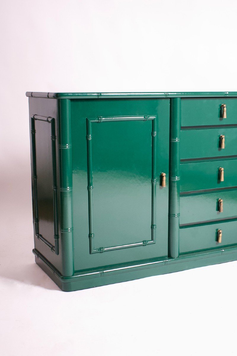 Buffet Enfilade Laqué Vert à l'Imitation Du Bambou, Années 1970.-photo-3