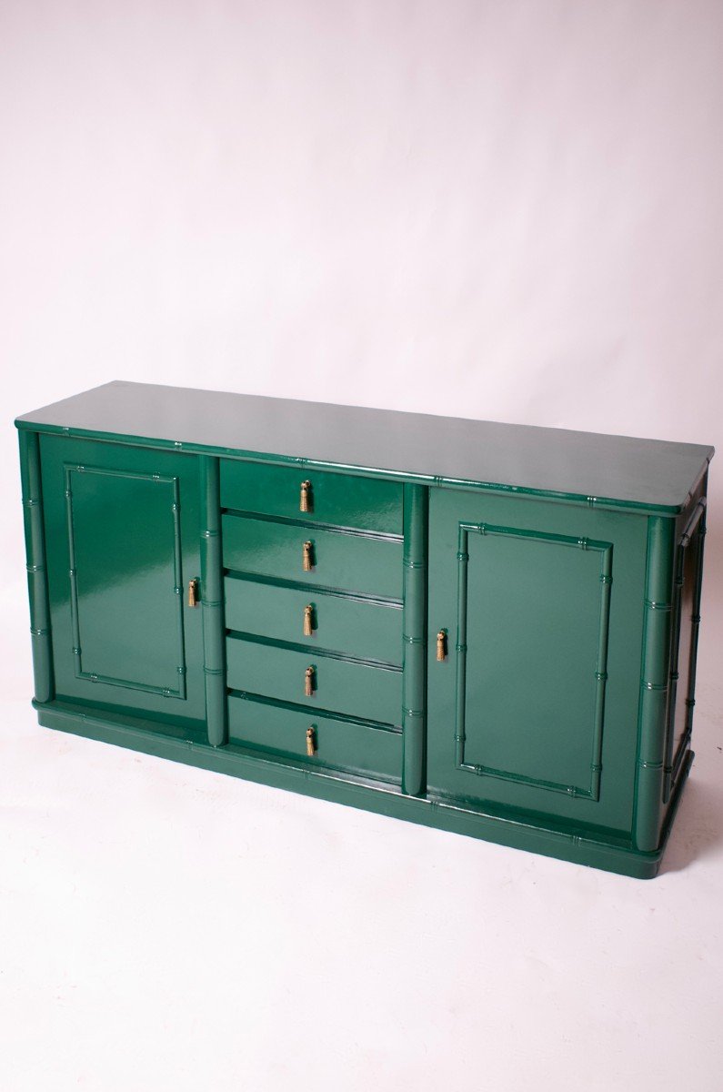 Buffet Enfilade Laqué Vert à l'Imitation Du Bambou, Années 1970.-photo-4