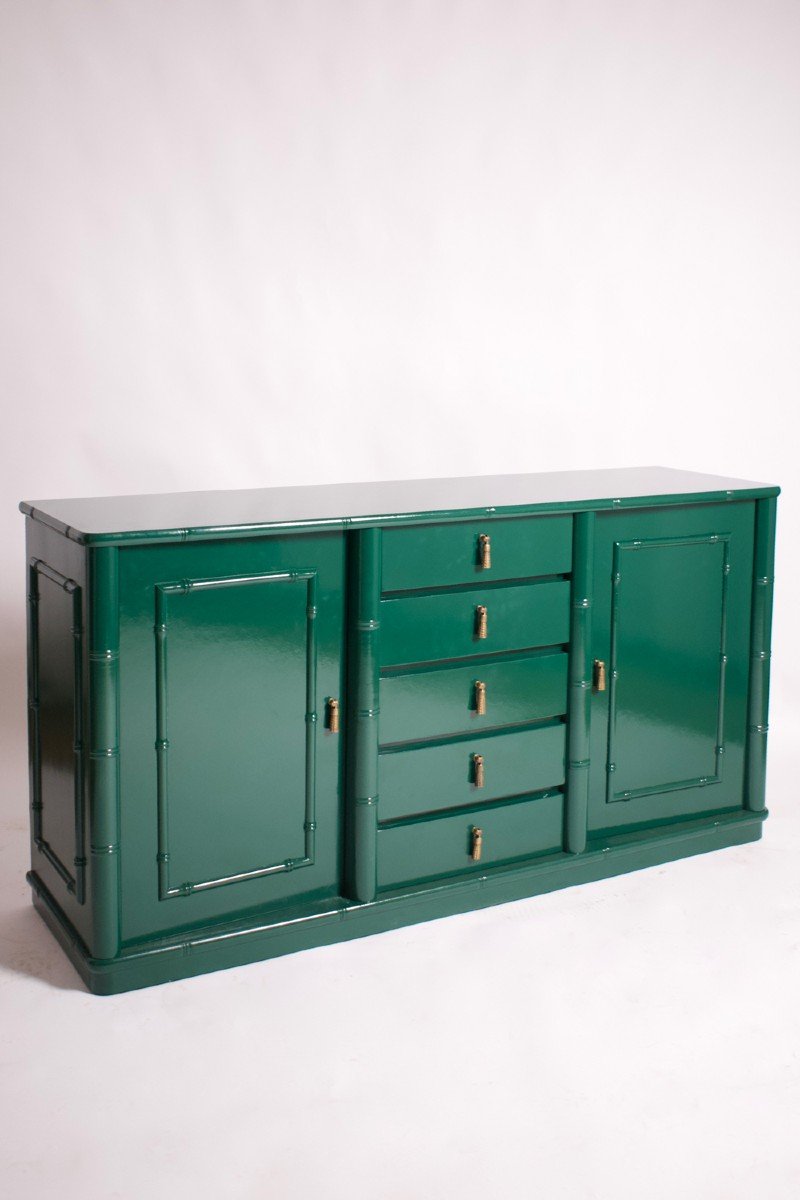 Buffet Enfilade Laqué Vert à l'Imitation Du Bambou, Années 1970.