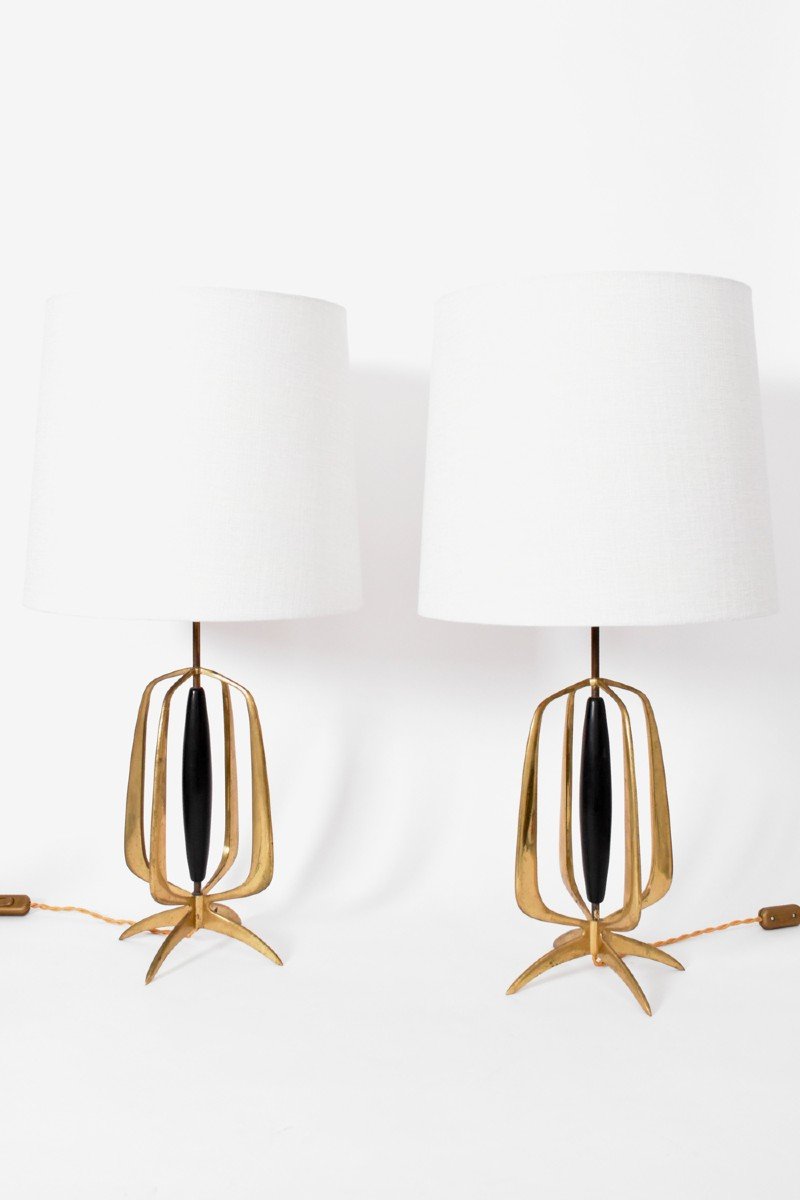 Pair Of Bronze And Blackened Wood Lamps, 1960s.