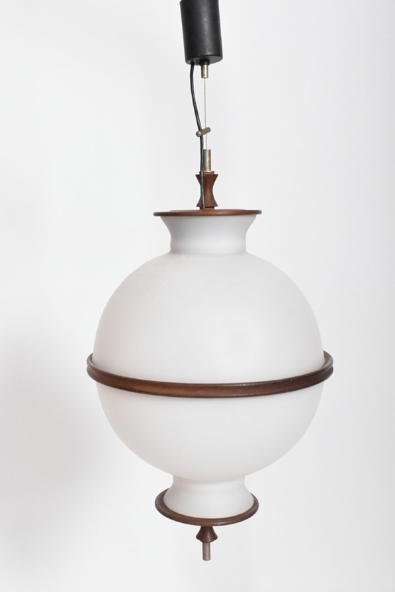 Suspension, Lustre En Verre Et Bois Dans Le Style De Goffredo Reggiani, Années 1960.