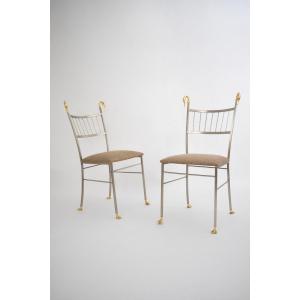 Paire De Chaises Aux Cygnes Métal Et laiton, 1970s.