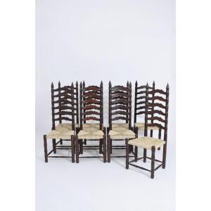 Ensemble De 8 Chaises Espagnoles à Dossier Haut, Années 1950.