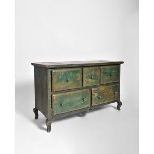 Mexican Chest Of Drawers In Weathered Green Painted Wood, 1970s.