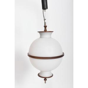 Suspension, Lustre En Verre Et Bois Dans Le Style De Goffredo Reggiani, Années 1960.