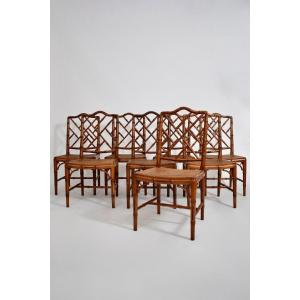 Ensemble De 8 Chaises En Faux Bambou Et Cannage, Années 1970.