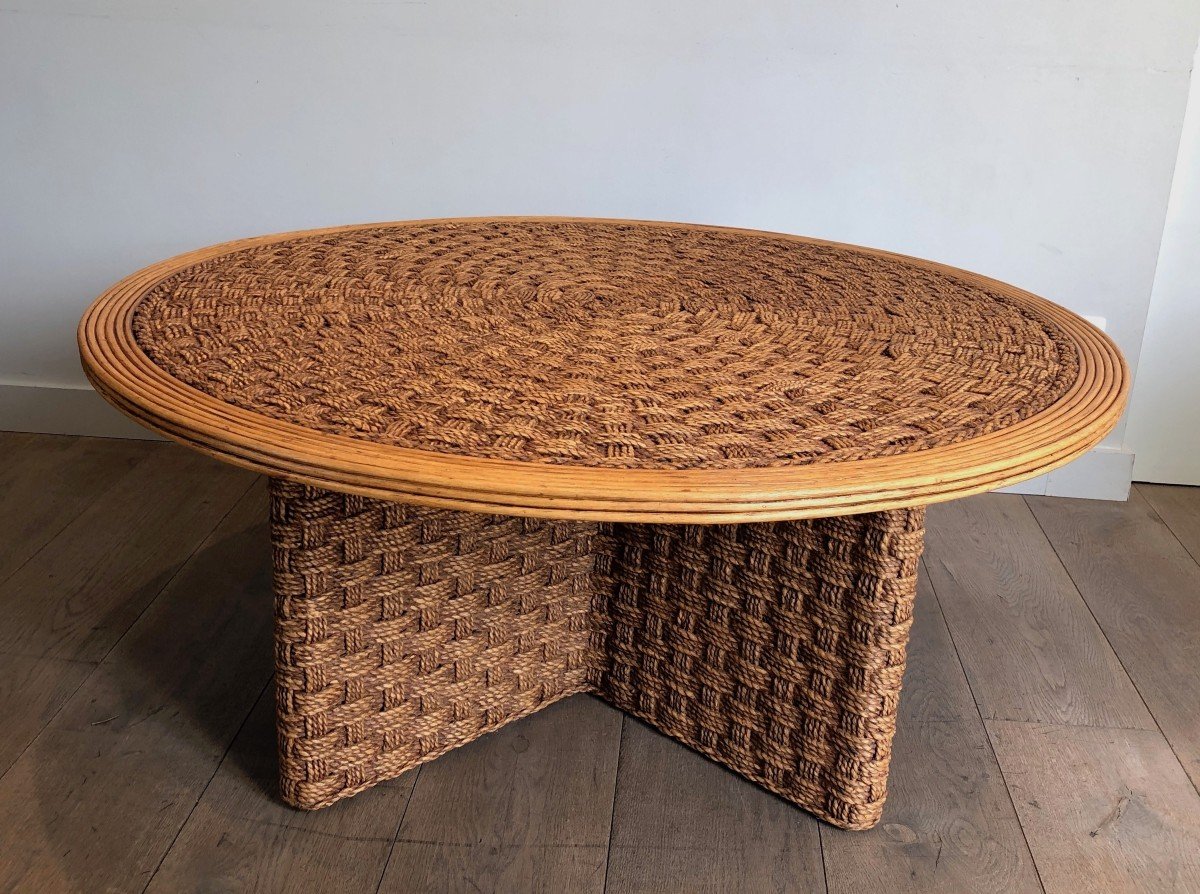Large Round Rope And Wood Coffee Table. French Work  In The Style Of Audoux Minet. Circa 1970-photo-2