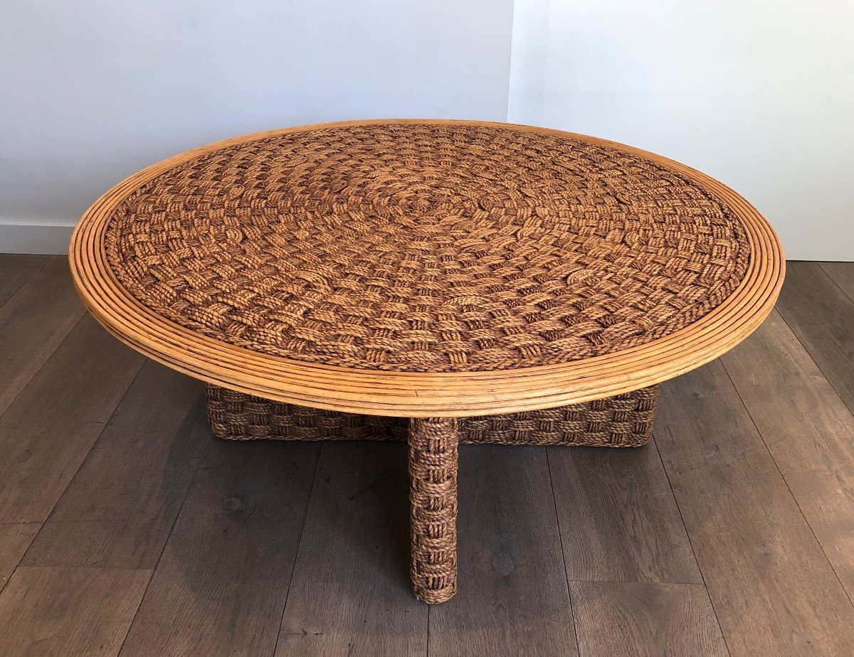 Large Round Rope And Wood Coffee Table. French Work  In The Style Of Audoux Minet. Circa 1970-photo-3