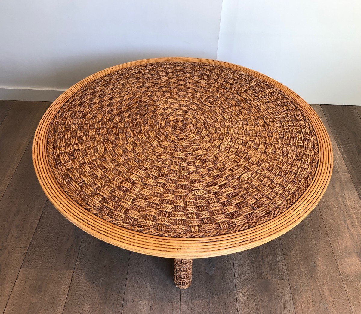 Large Round Rope And Wood Coffee Table. French Work  In The Style Of Audoux Minet. Circa 1970-photo-4