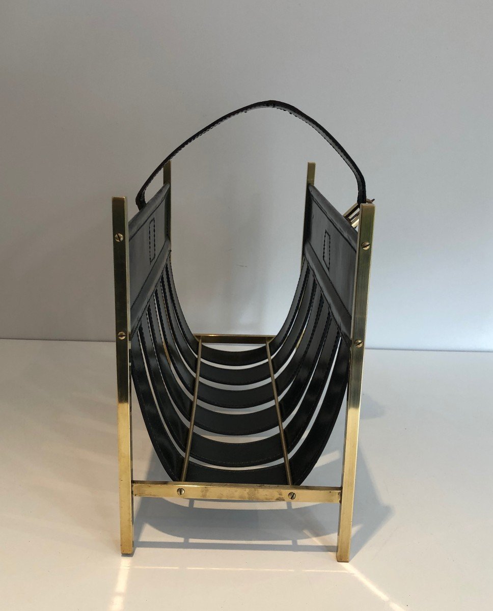 Hand-bag Brass And Leather Magazine Rack By Jacques Adnet. Circa 1940-photo-1