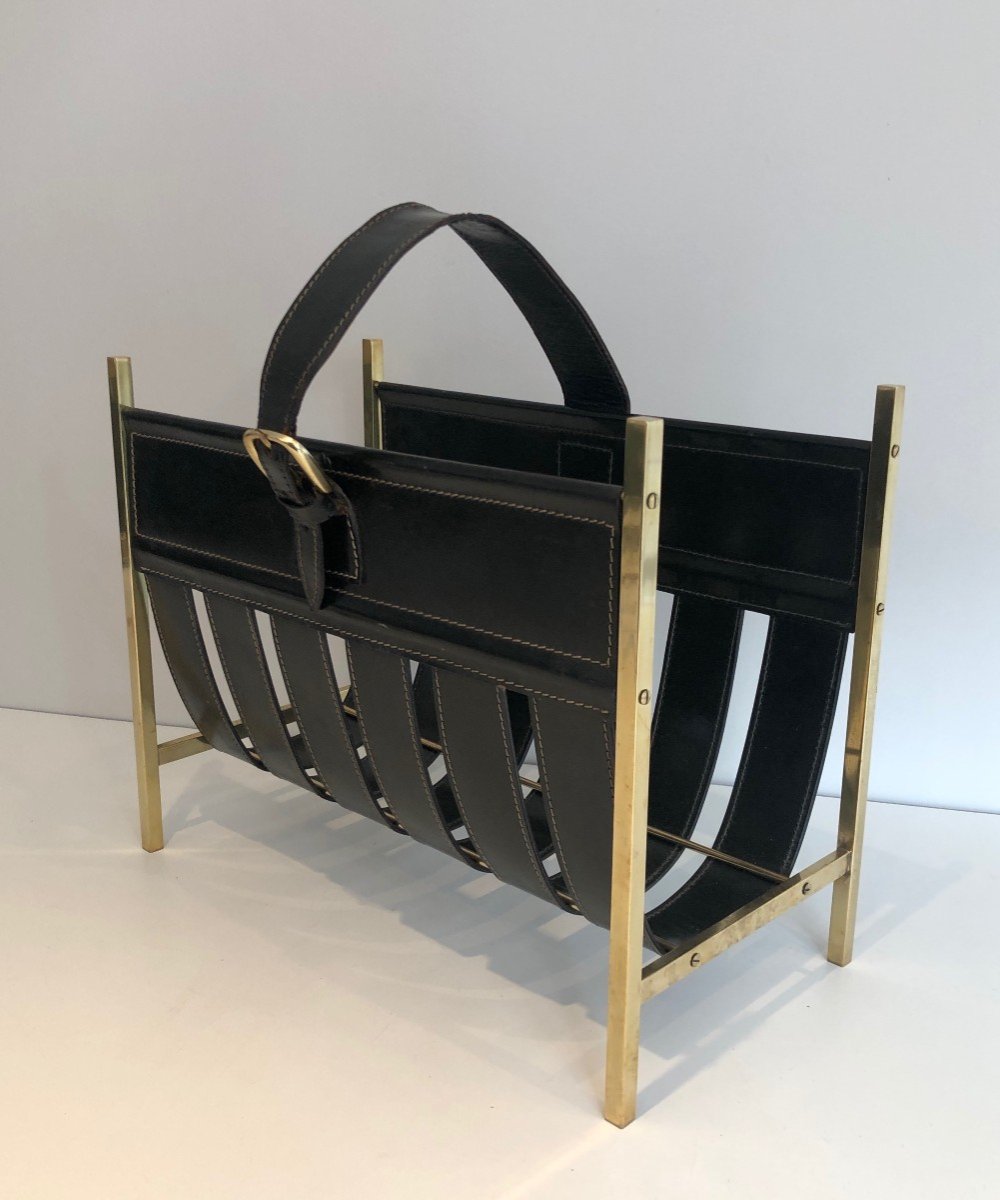 Hand-bag Brass And Leather Magazine Rack By Jacques Adnet. Circa 1940-photo-8