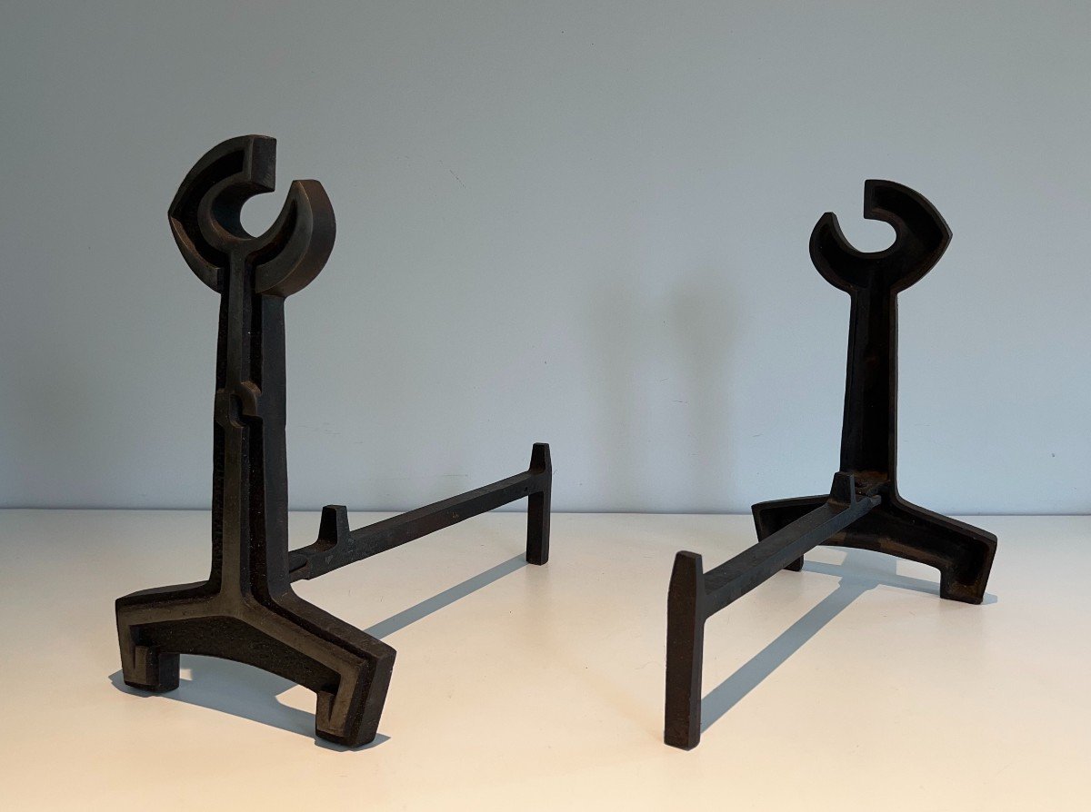 Pair Of Modernist Cast Iron And Wrought Iron Andirons-photo-6