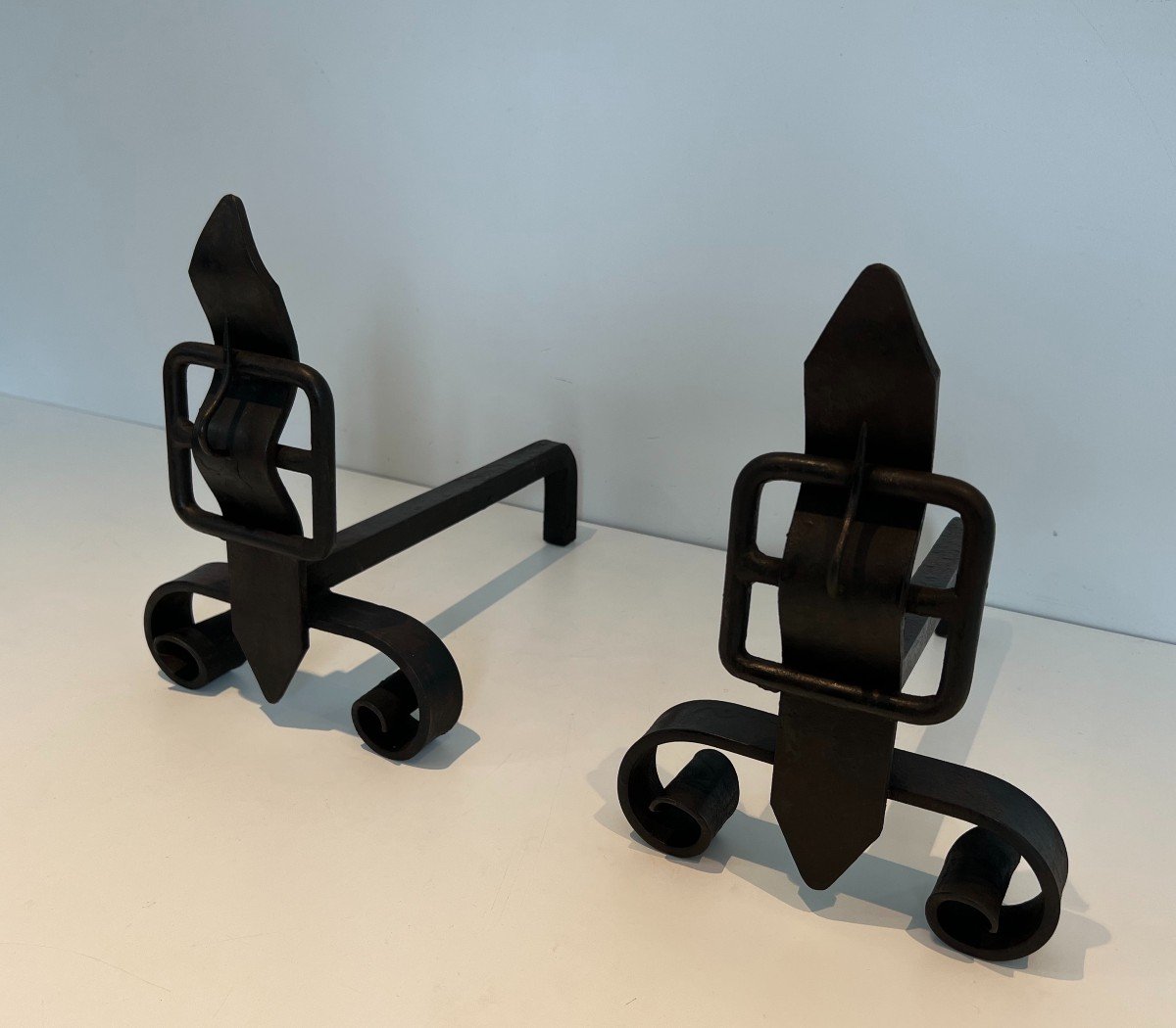 Pair Of Modernist Cast Iron And Wrought Iron Belt Andirons-photo-3