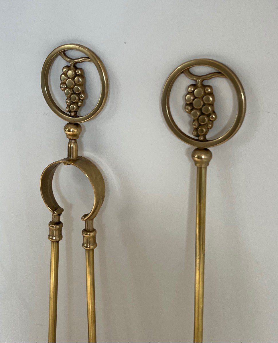 Neoclassical Style Brass Grappes Fireplace Tools. French. Circa 1950-photo-3