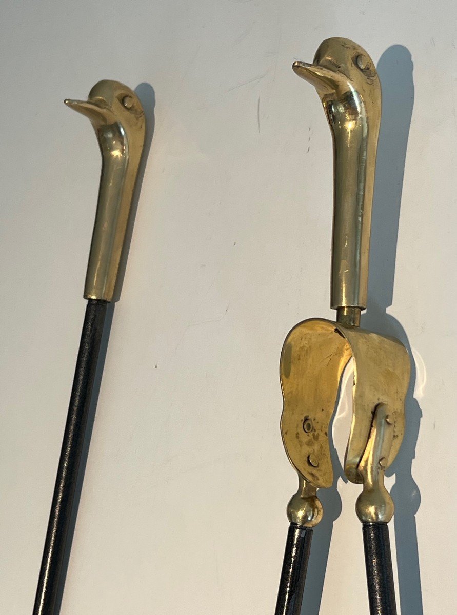 Brass And Lacquered Metal Ducks Fireplace Tools On Stand-photo-2