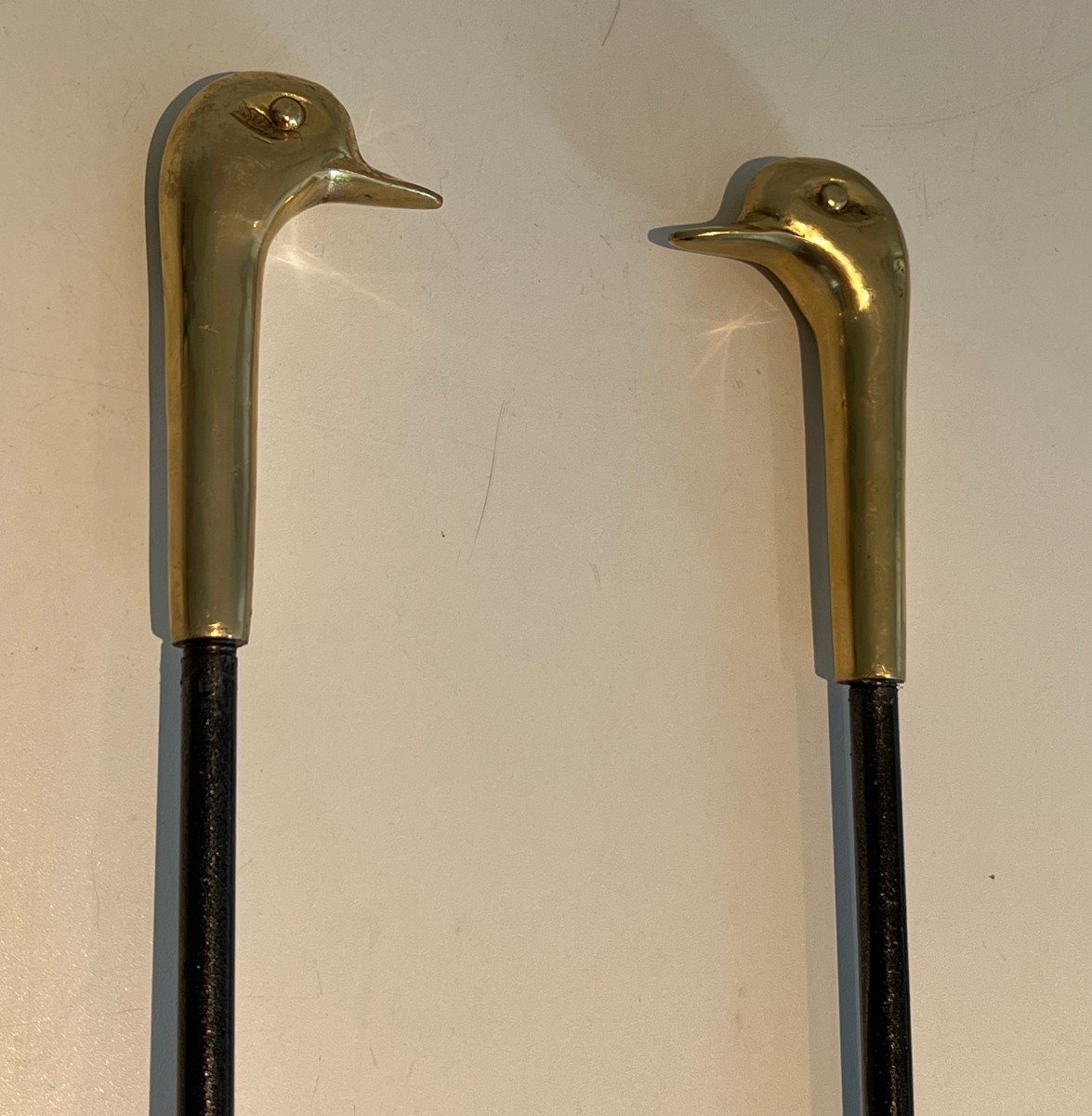 Brass And Lacquered Metal Ducks Fireplace Tools On Stand-photo-1