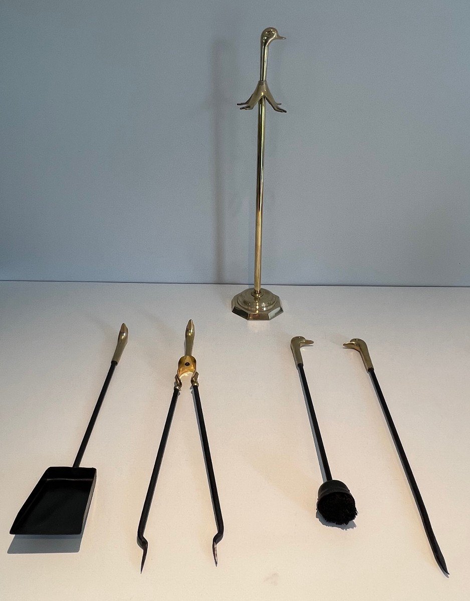 Brass And Lacquered Metal Ducks Fireplace Tools On Stand-photo-3